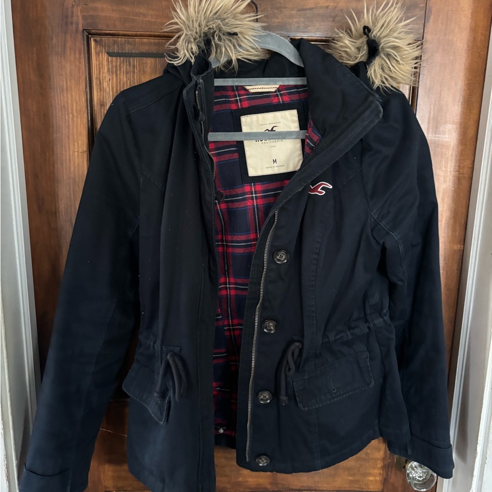Hollister Women's blue Utility Jacket with Faux Fur Trim